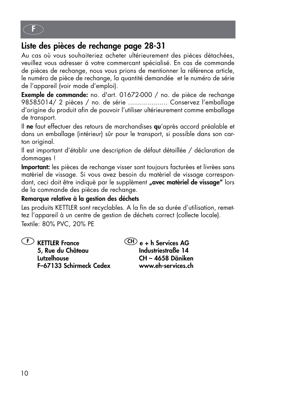 Fliste des pièces de rechange page 28-31 | Kettler 01672-700 User Manual | Page 10 / 32