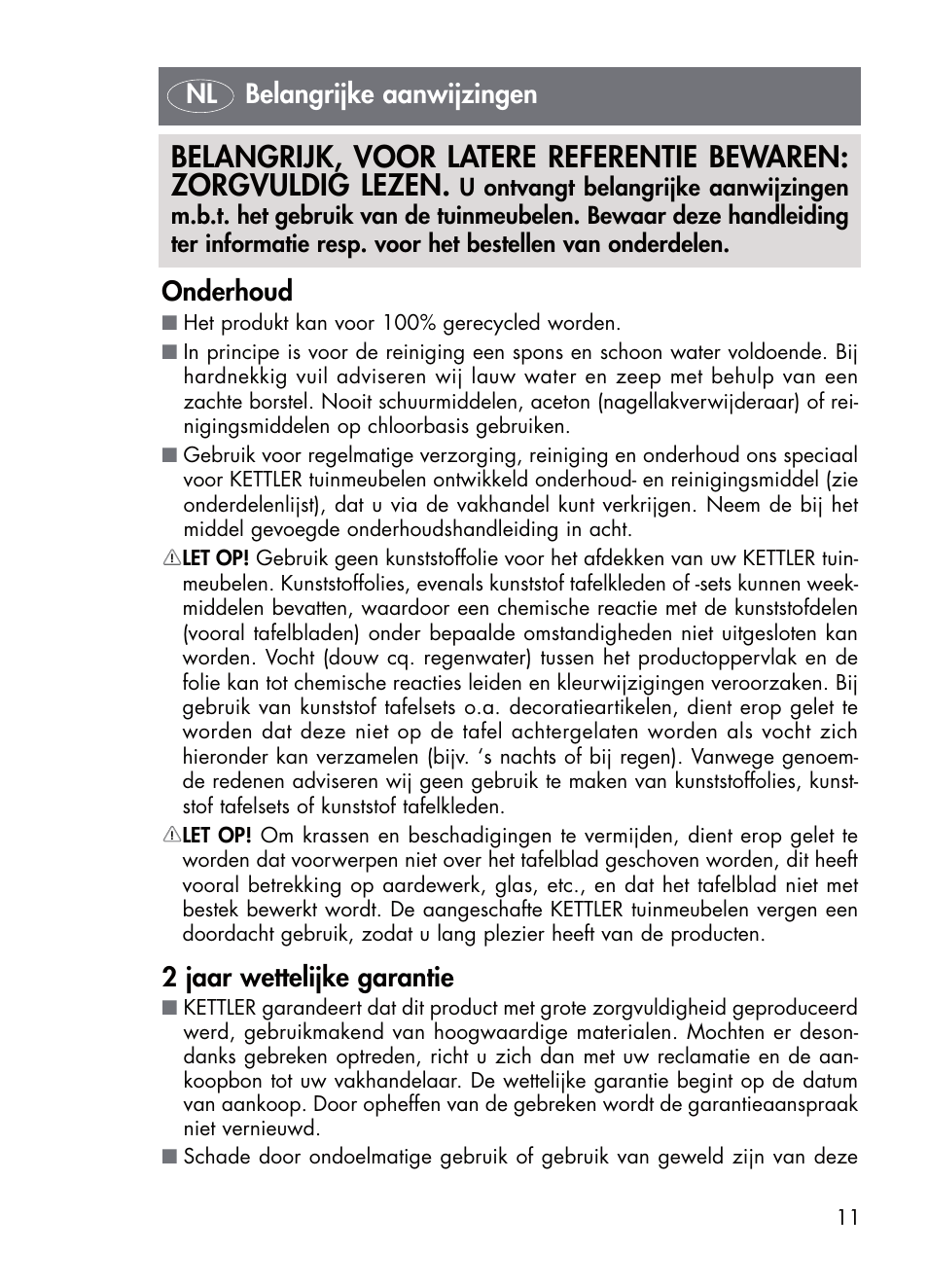 Onderhoud, 2 jaar wettelijke garantie, Nl belangrijke aanwijzingen | Kettler 01672-700 User Manual | Page 11 / 32