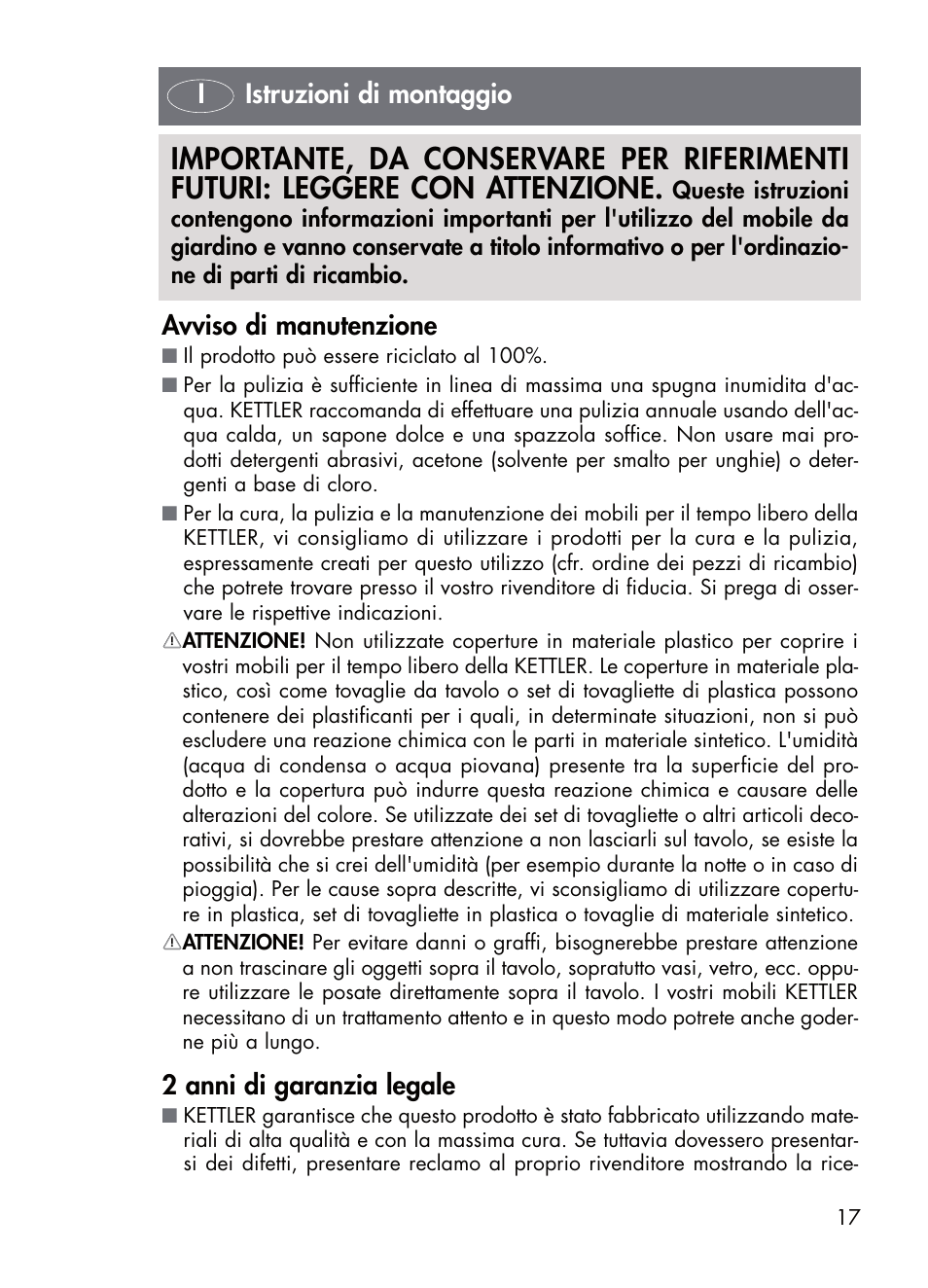 Avviso di manutenzione, 2 anni di garanzia legale, Iistruzioni di montaggio | Kettler 01672-700 User Manual | Page 17 / 32