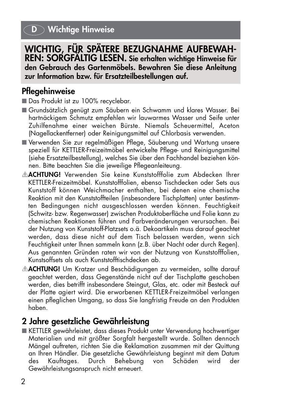 Dwichtige hinweise pflegehinweise, 2 jahre gesetzliche gewährleistung | Kettler 01672-700 User Manual | Page 2 / 32