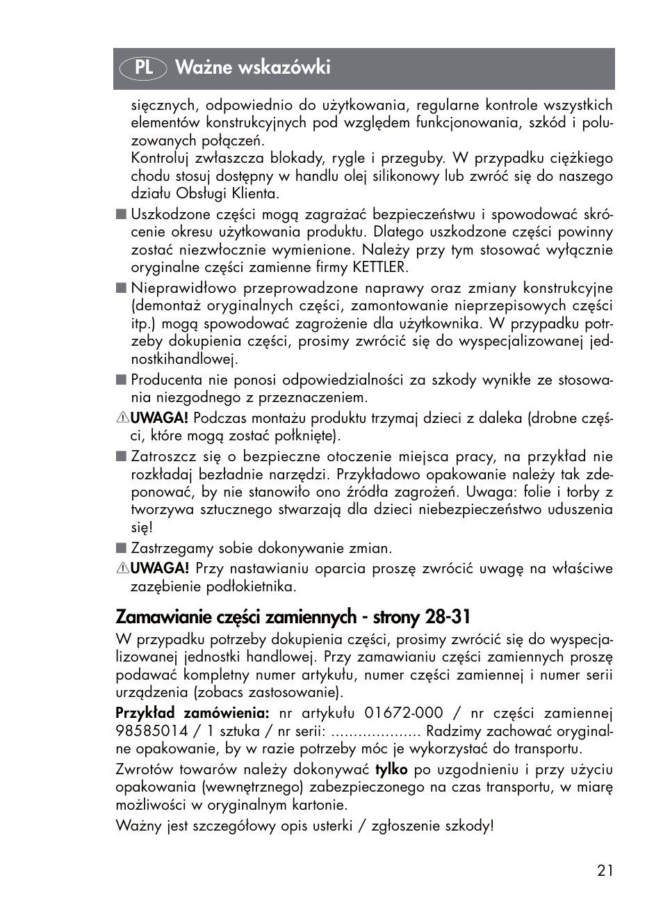 Zamawianie części zamiennych - strony 28-31, Pl ważne wskazówki | Kettler 01672-700 User Manual | Page 21 / 32