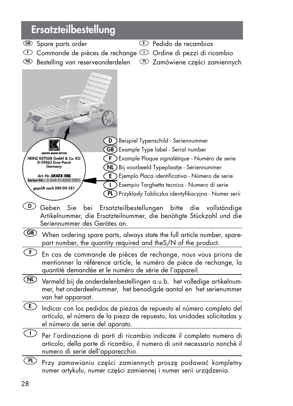 Ersatzteilbestellung | Kettler 01672-700 User Manual | Page 28 / 32