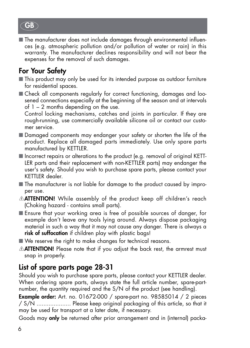 For your safety, List of spare parts page 28-31 | Kettler 01672-700 User Manual | Page 6 / 32
