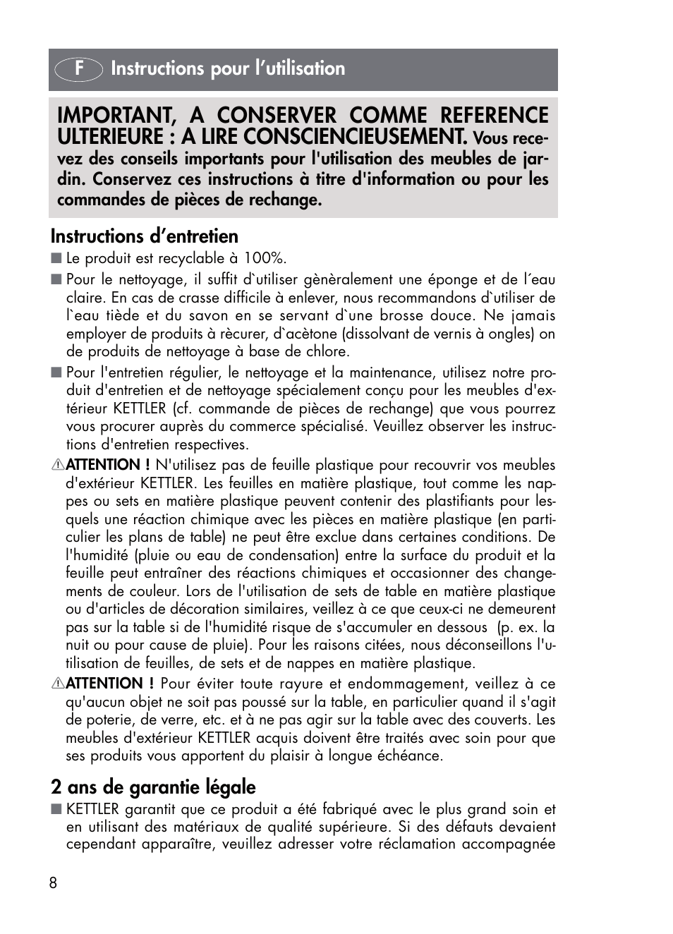2 ans de garantie légale | Kettler 01672-700 User Manual | Page 8 / 32