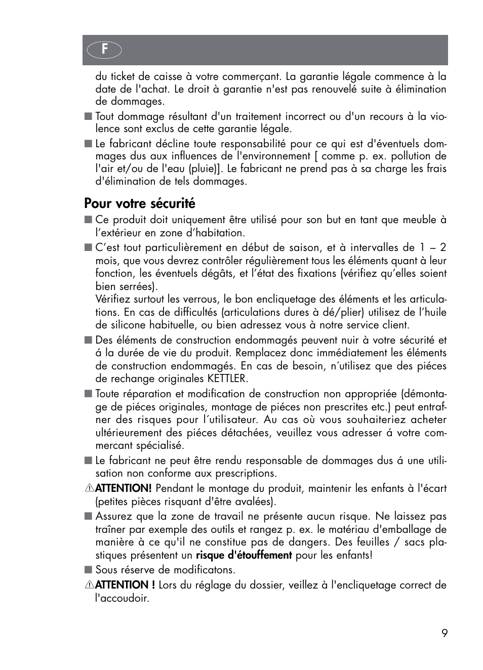 Pour votre sécurité | Kettler 01672-700 User Manual | Page 9 / 32