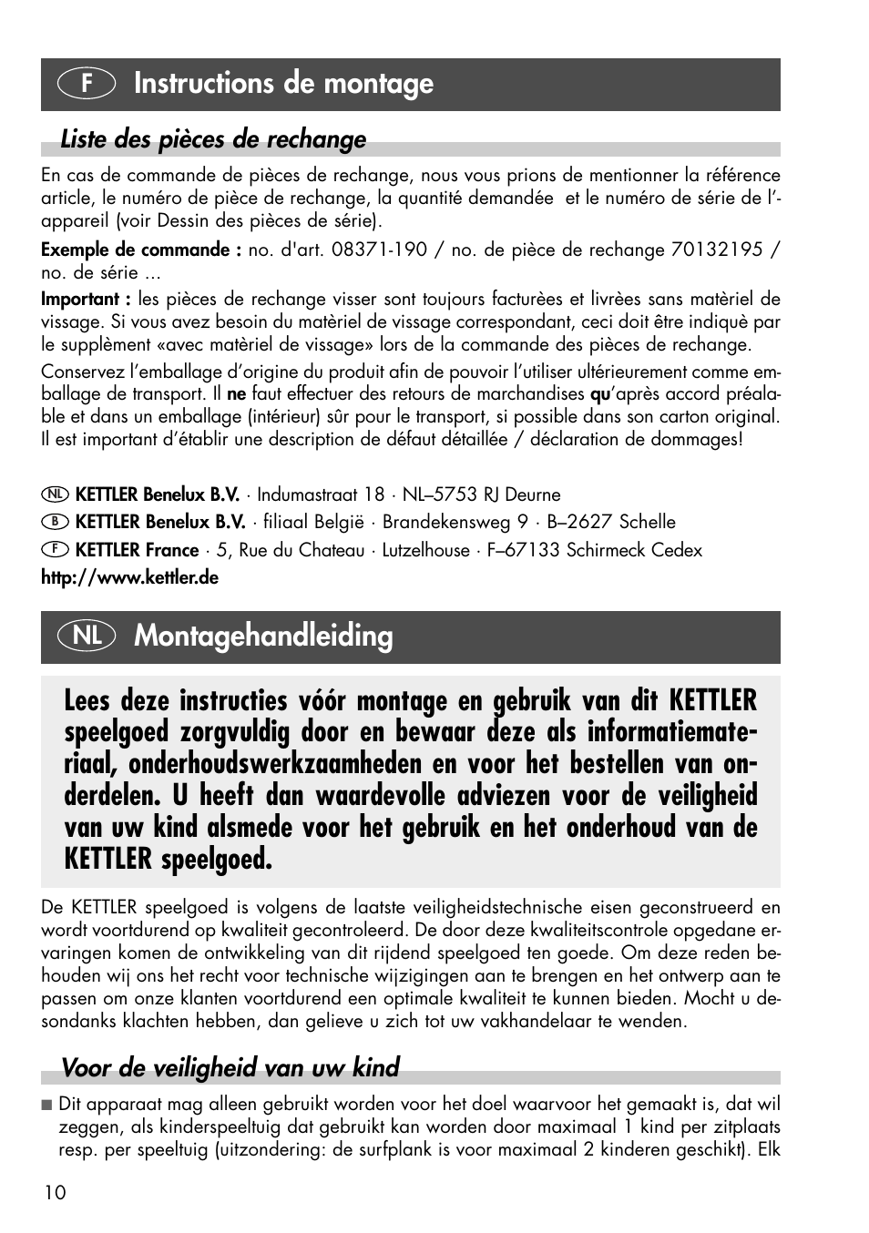 Montagehandleiding, Instructions de montage, Voor de veiligheid van uw kind | Liste des pièces de rechange | Kettler 08371-190 User Manual | Page 10 / 28