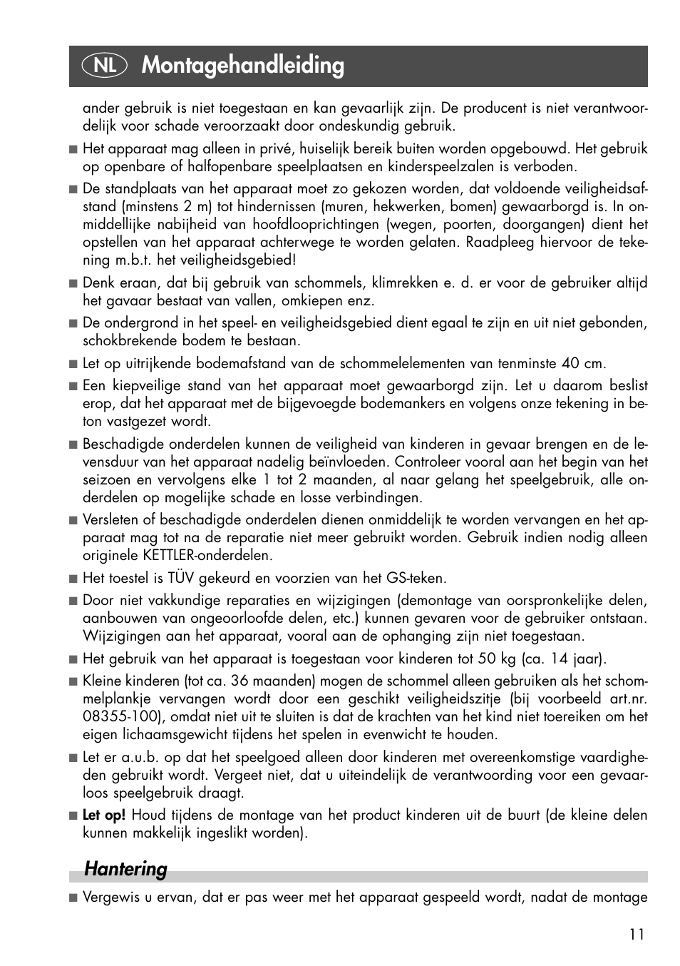 Montagehandleiding, Hantering | Kettler 08371-190 User Manual | Page 11 / 28