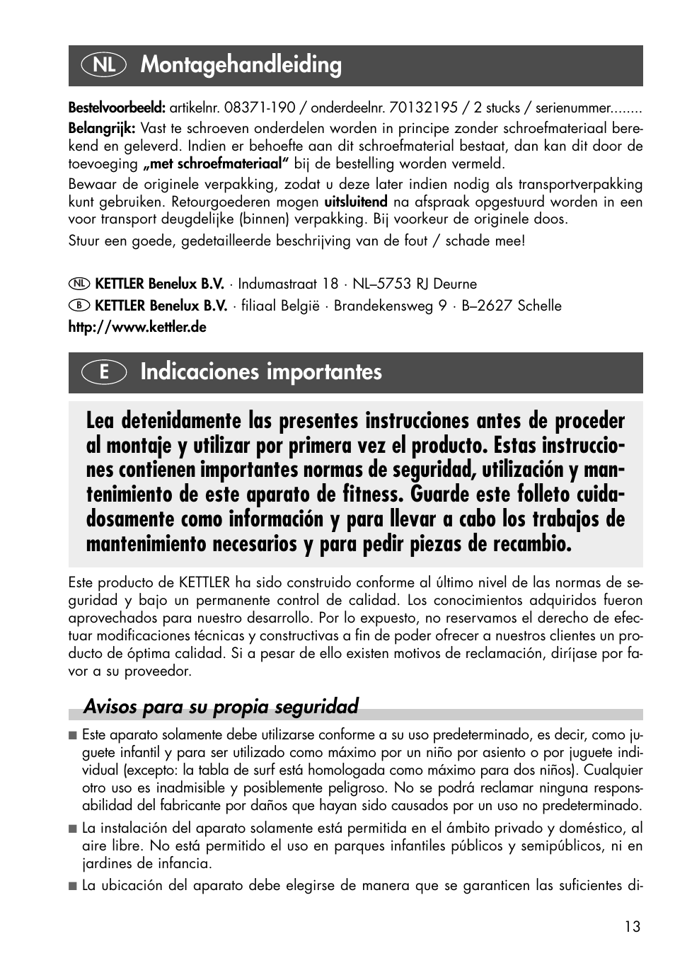 Montagehandleiding, Indicaciones importantes, Avisos para su propia seguridad | Kettler 08371-190 User Manual | Page 13 / 28