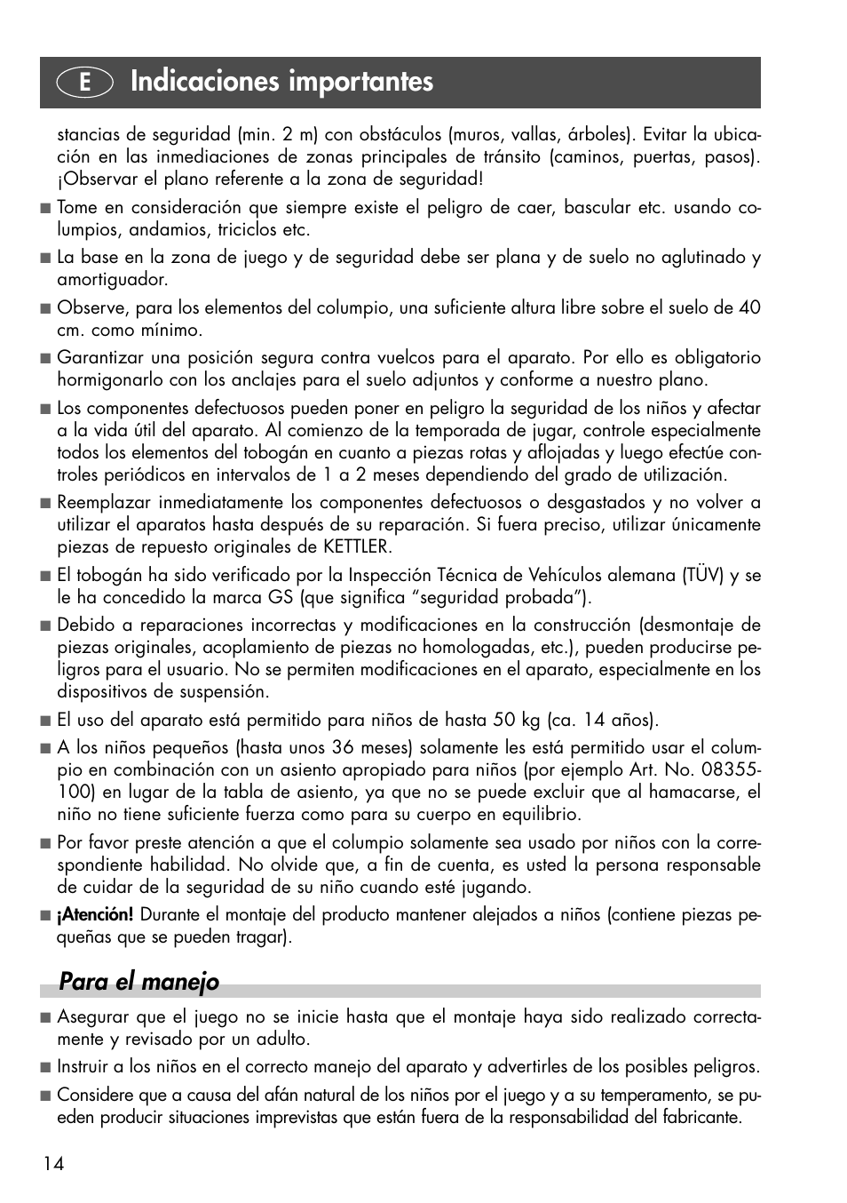 Indicaciones importantes, Para el manejo | Kettler 08371-190 User Manual | Page 14 / 28