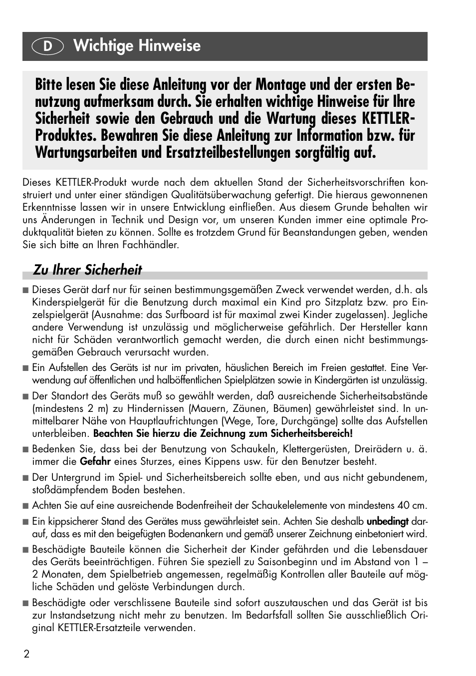 Wichtige hinweise, Zu ihrer sicherheit | Kettler 08371-190 User Manual | Page 2 / 28