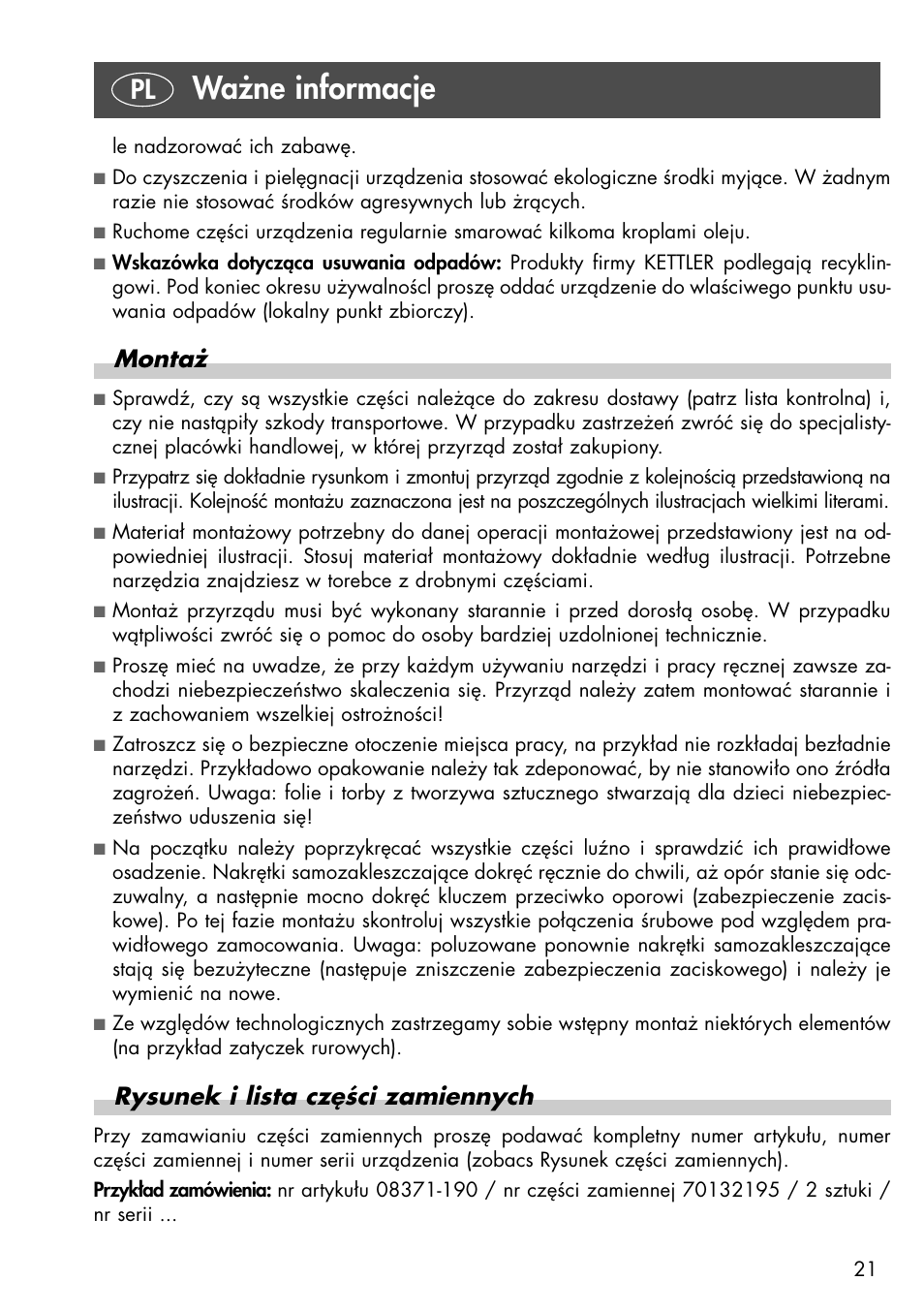 Ważne informacje, Montaż, Rysunek i lista części zamiennych | Kettler 08371-190 User Manual | Page 21 / 28