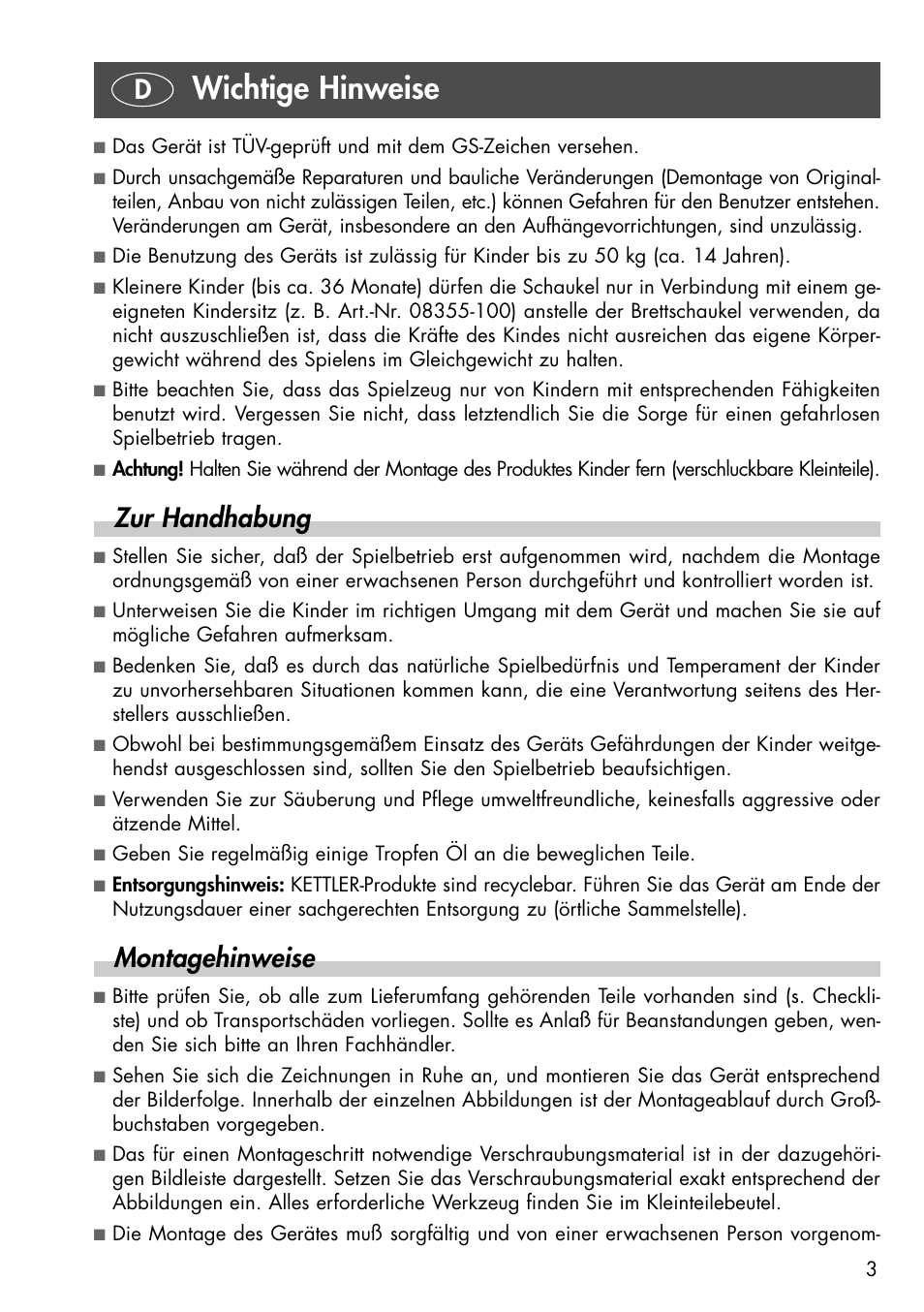 Wichtige hinweise, Zur handhabung, Montagehinweise | Kettler 08371-190 User Manual | Page 3 / 28