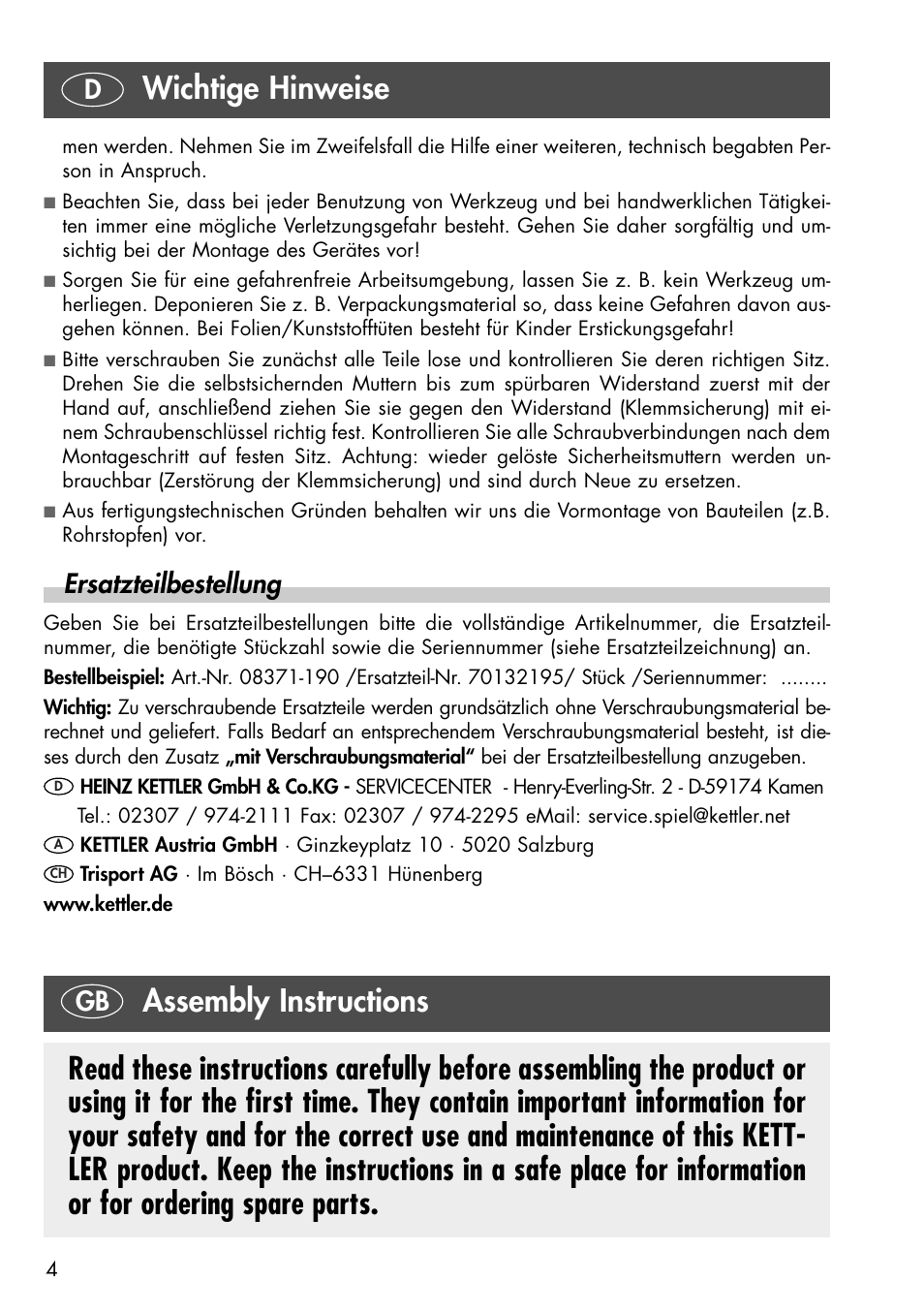 Assembly instructions, Wichtige hinweise, Ersatzteilbestellung | Kettler 08371-190 User Manual | Page 4 / 28