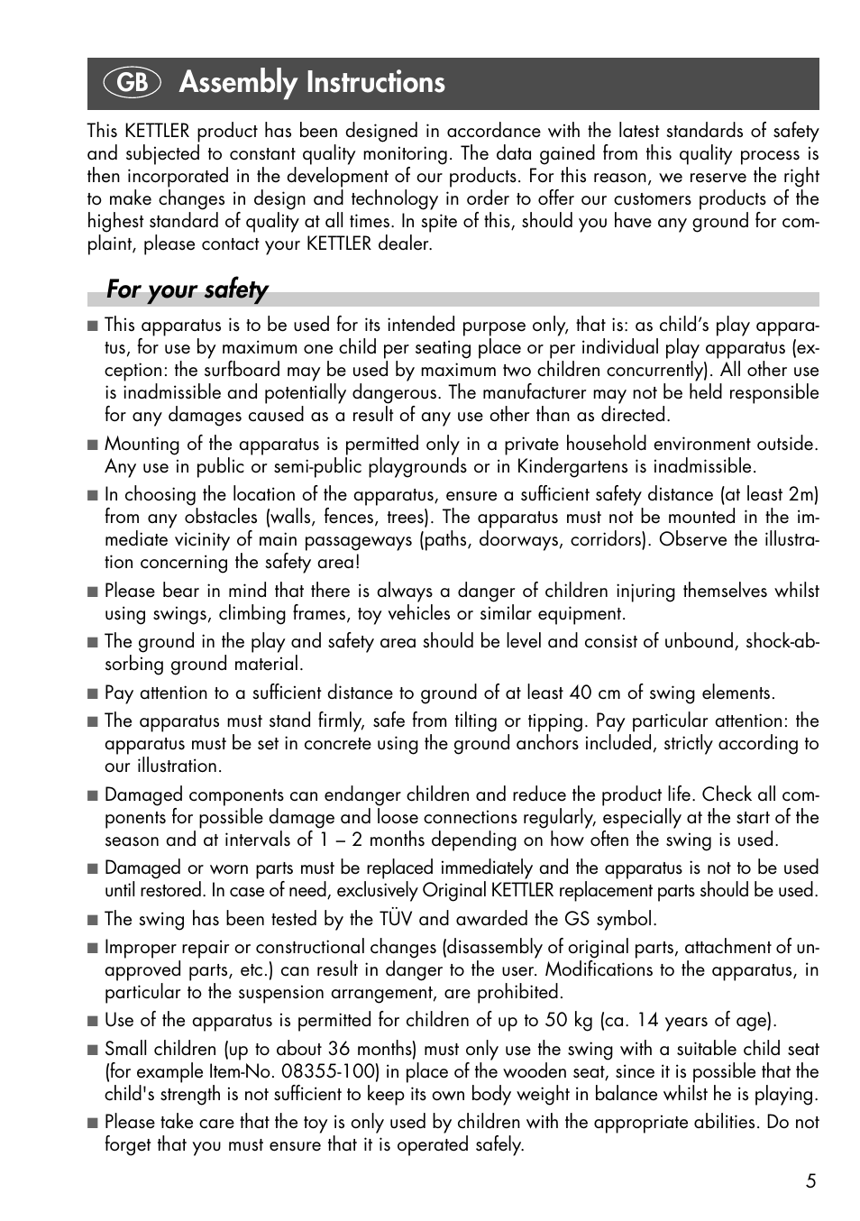 Assembly instructions, For your safety | Kettler 08371-190 User Manual | Page 5 / 28