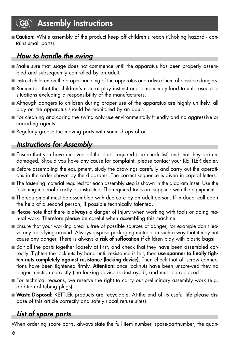 Assembly instructions, How to handle the swing, Instructions for assembly | List of spare parts | Kettler 08371-190 User Manual | Page 6 / 28