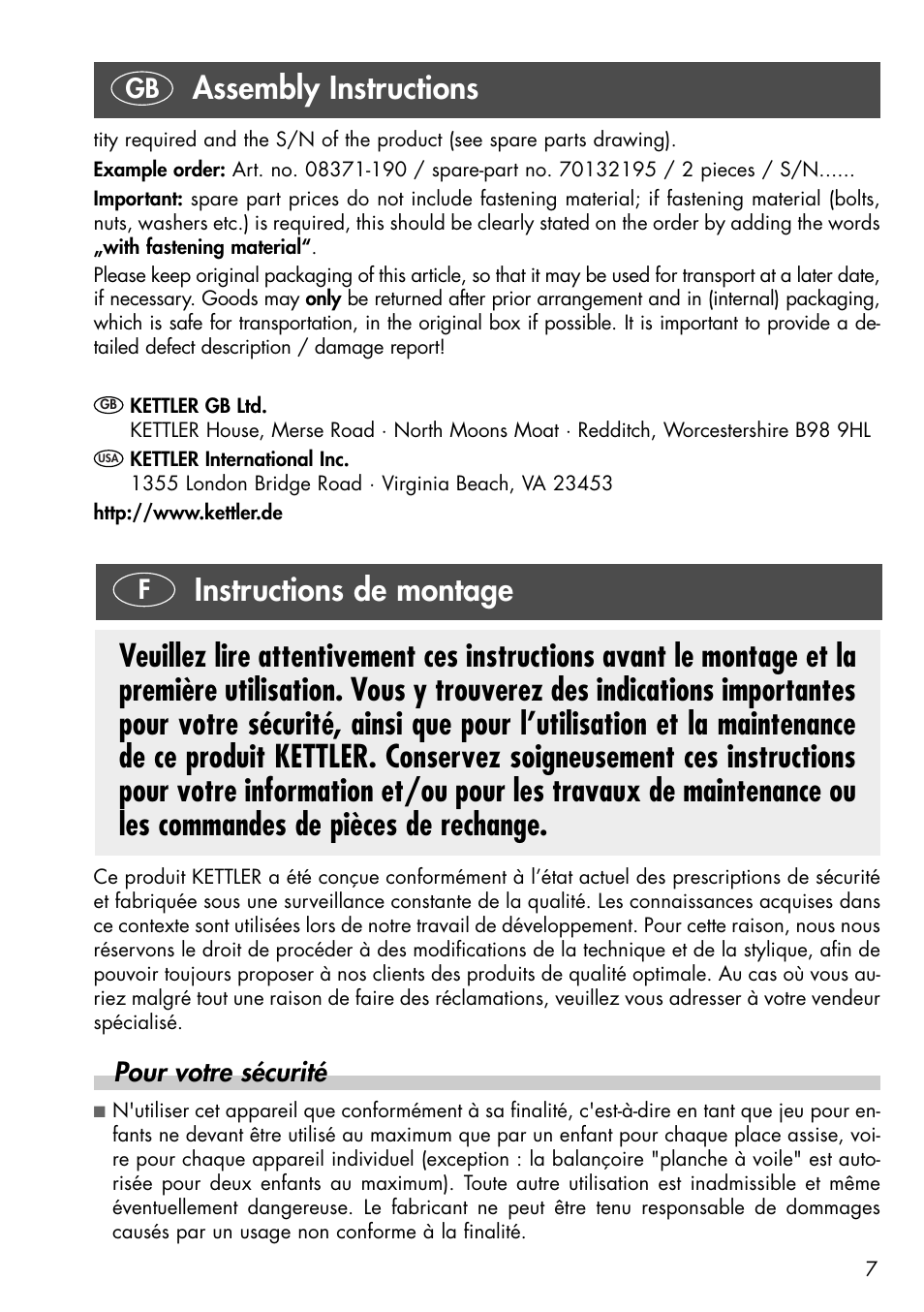 Assembly instructions, Instructions de montage, Pour votre sécurité | Kettler 08371-190 User Manual | Page 7 / 28