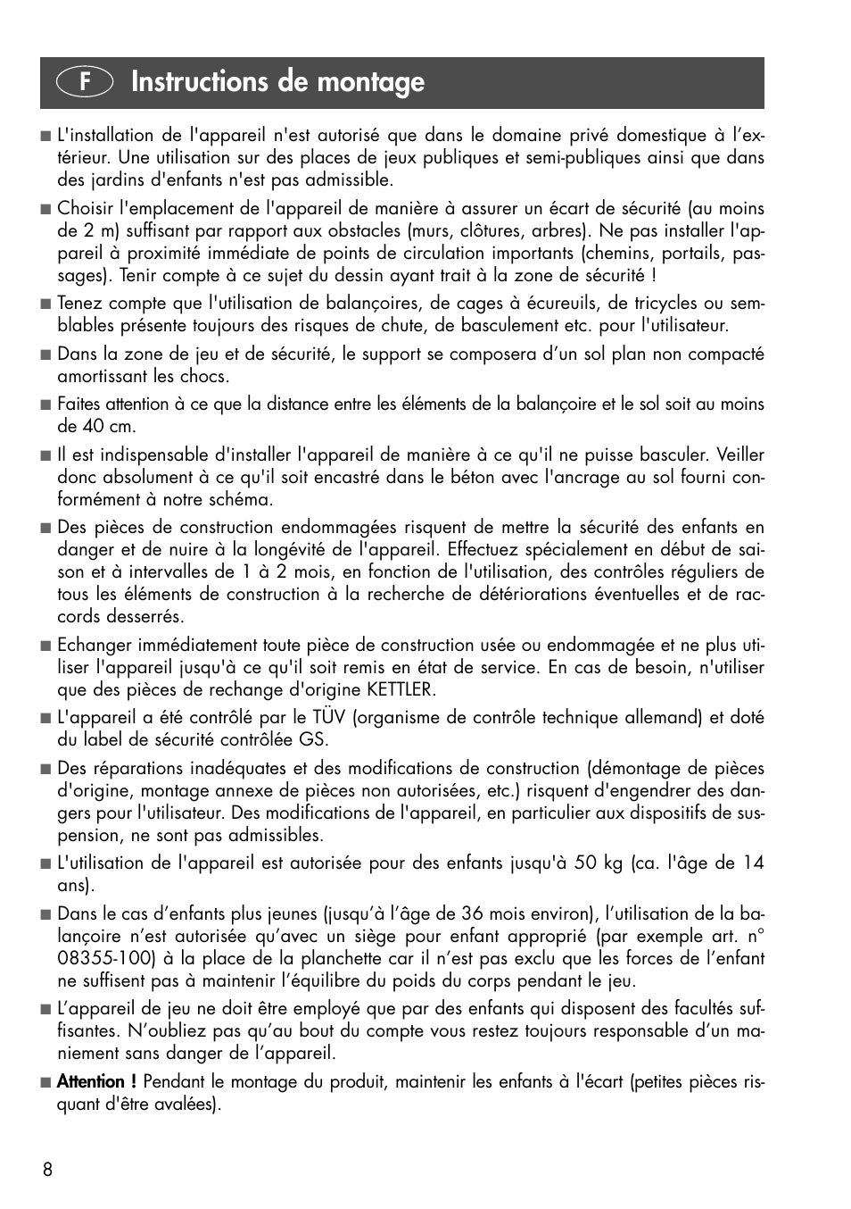 Instructions de montage | Kettler 08371-190 User Manual | Page 8 / 28