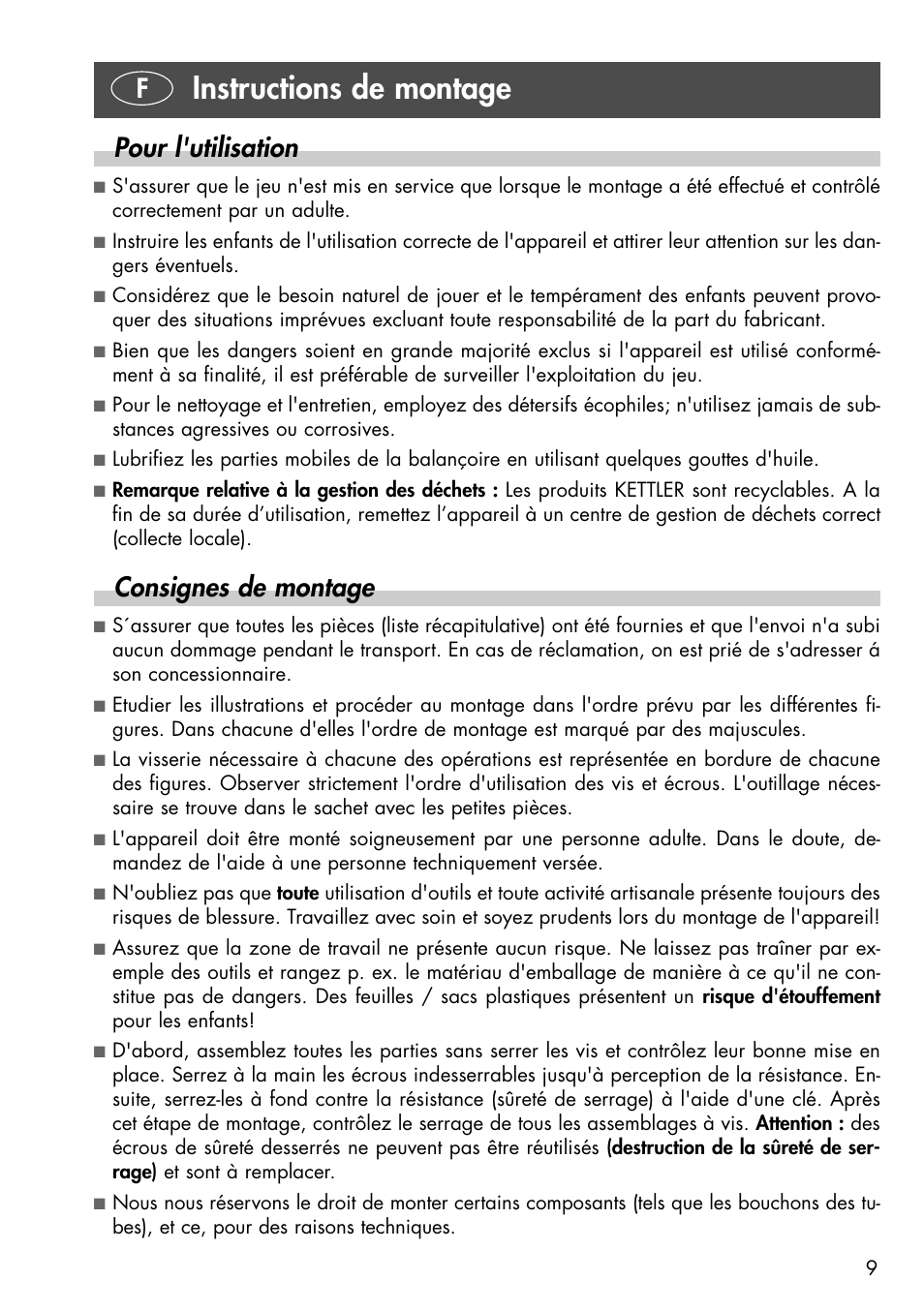 Instructions de montage, Fpour l'utilisation, Consignes de montage | Kettler 08371-190 User Manual | Page 9 / 28