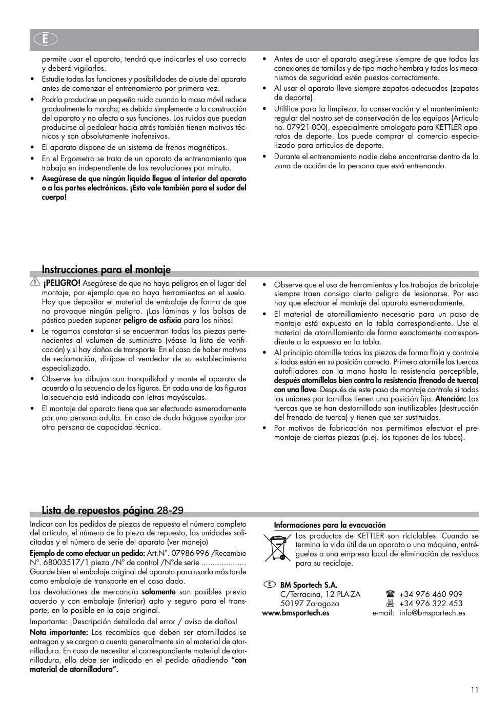 Lista de repuestos página 28-29, Instrucciones para el montaje | Kettler Exercise Bike User Manual | Page 11 / 32