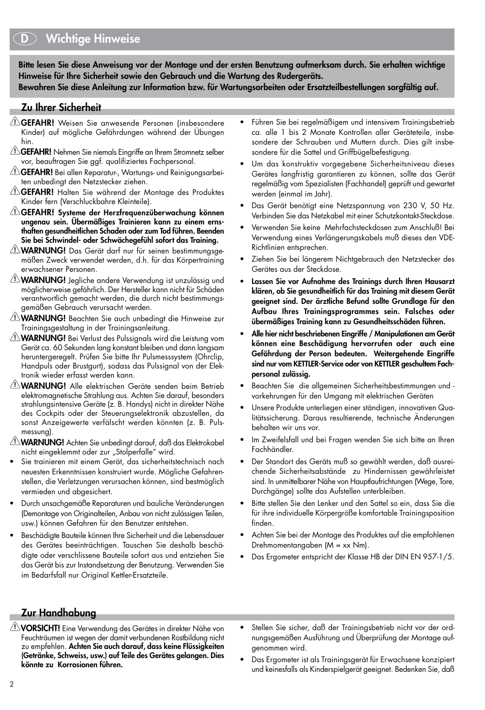 Dwichtige hinweise, Zu ihrer sicherheit, Zur handhabung | Kettler Exercise Bike User Manual | Page 2 / 32