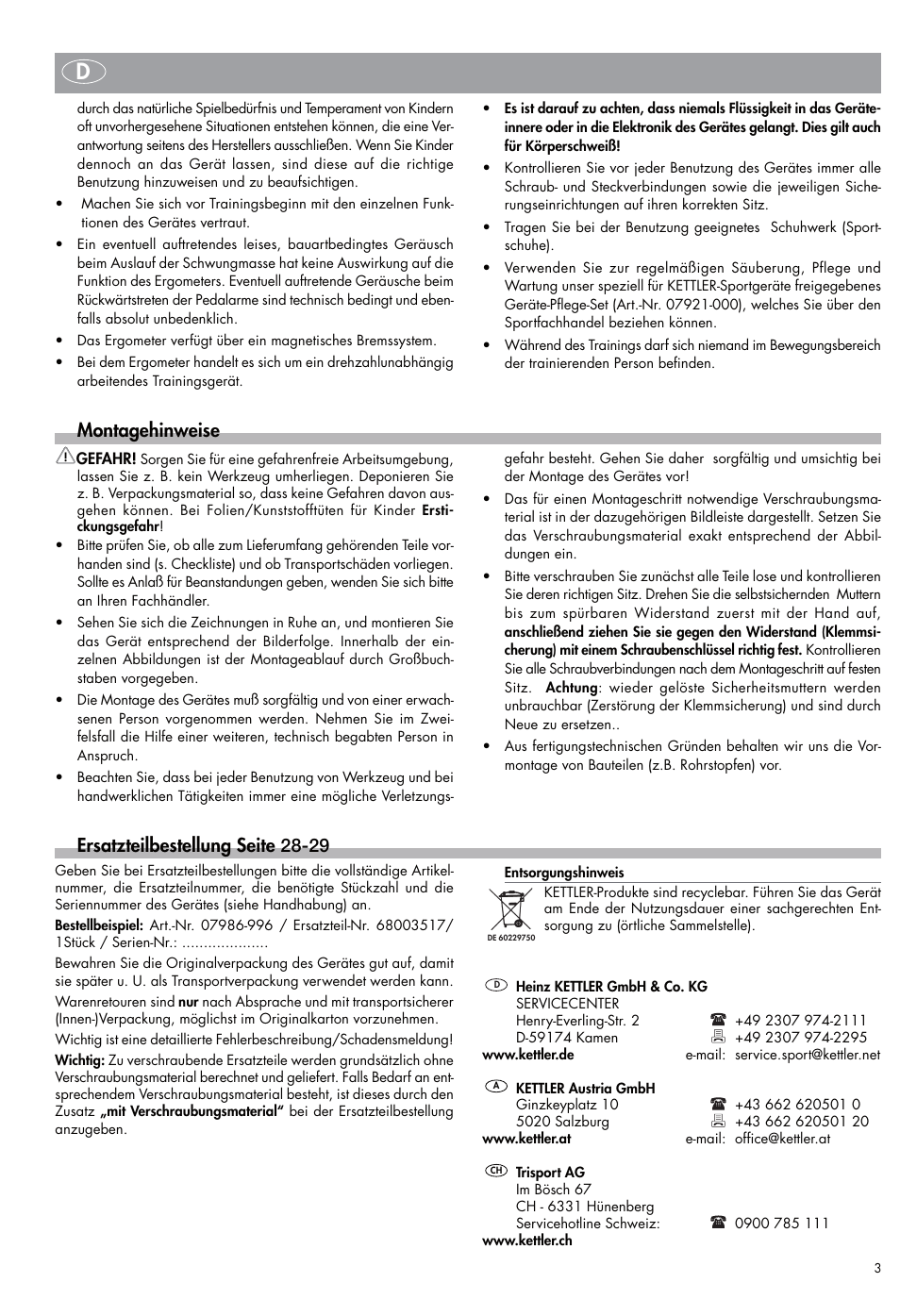 Montagehinweise, Ersatzteilbestellung seite 28-29 | Kettler Exercise Bike User Manual | Page 3 / 32