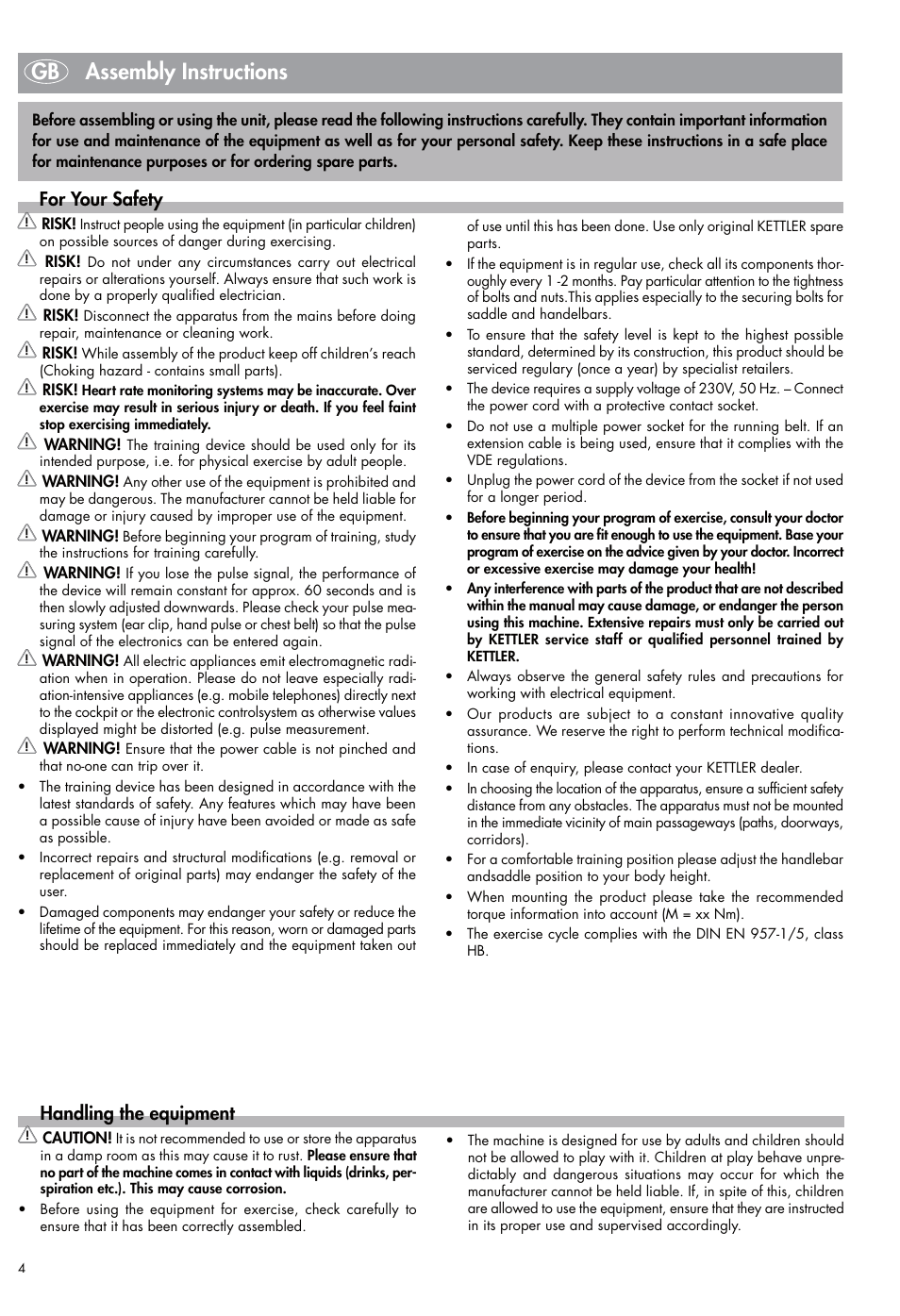 Gb assembly instructions, For your safety, Handling the equipment | Kettler Exercise Bike User Manual | Page 4 / 32