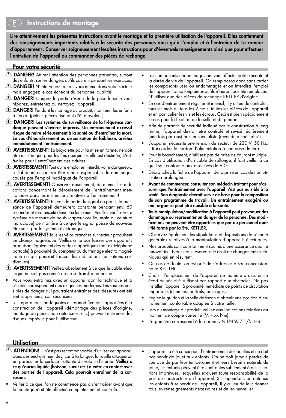 Finstructions de montage, Pour votre sécurité, Utilisation | Kettler Exercise Bike User Manual | Page 6 / 32