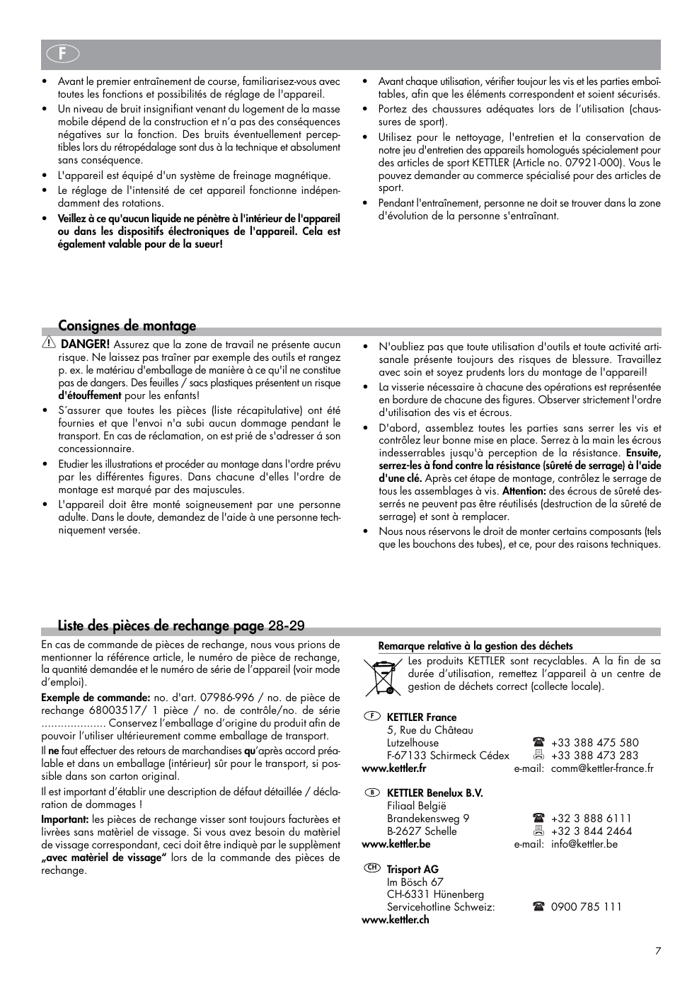 Liste des pièces de rechange page 28-29, Consignes de montage | Kettler Exercise Bike User Manual | Page 7 / 32