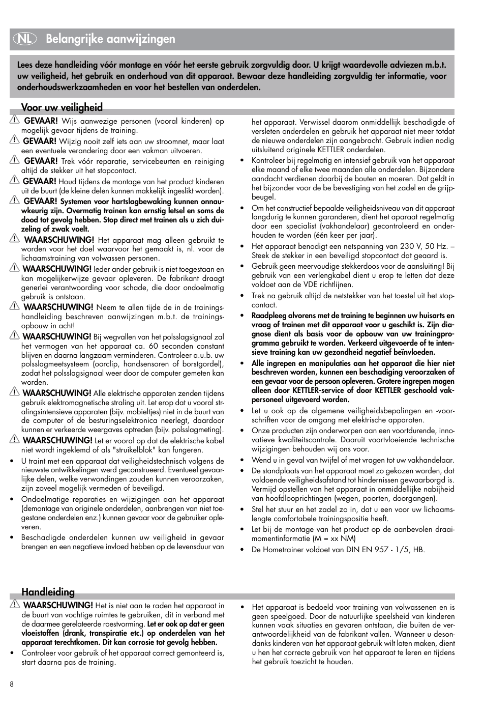 Nl belangrijke aanwijzingen, Voor uw veiligheid, Handleiding | Kettler Exercise Bike User Manual | Page 8 / 32