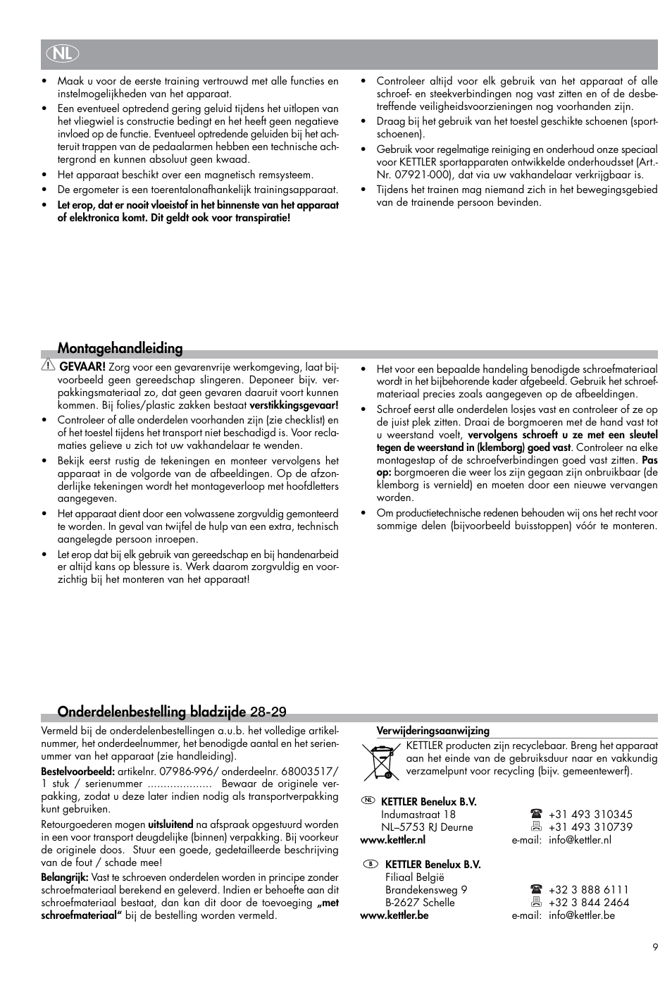 Onderdelenbestelling bladzijde 28-29, Montagehandleiding | Kettler Exercise Bike User Manual | Page 9 / 32