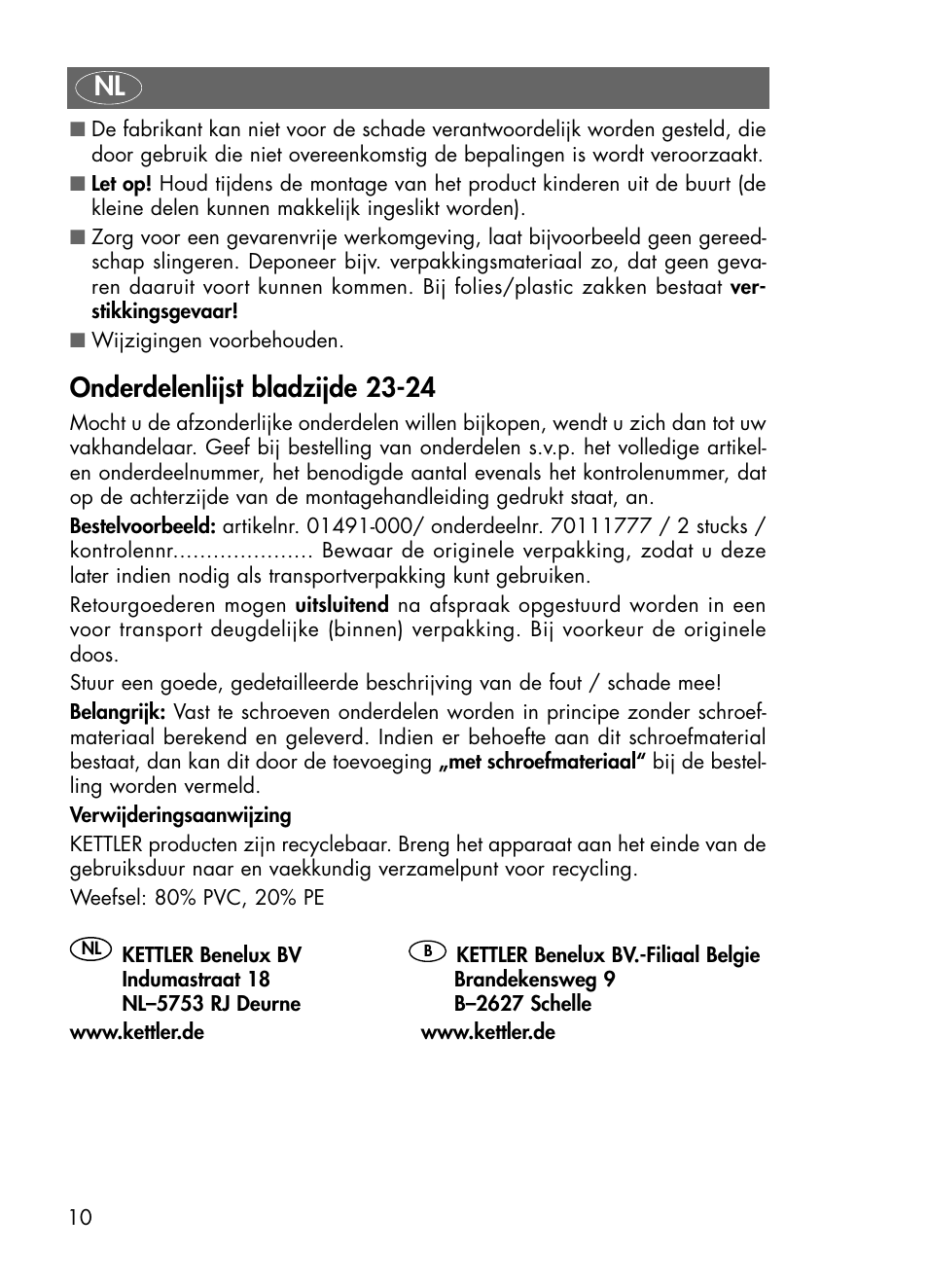 Onderdelenlijst bladzijde 23-24 | Kettler 01491-000 User Manual | Page 10 / 24