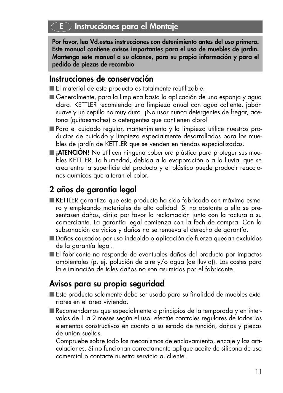 2 años de garantía legal, Avisos para su propia seguridad | Kettler 01491-000 User Manual | Page 11 / 24