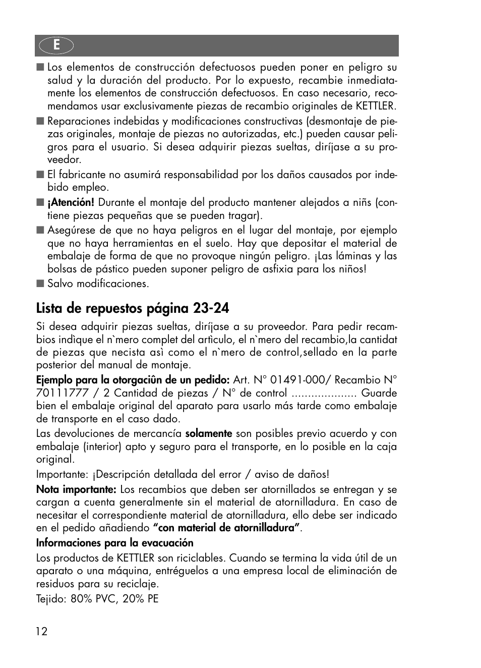 Lista de repuestos página 23-24 | Kettler 01491-000 User Manual | Page 12 / 24