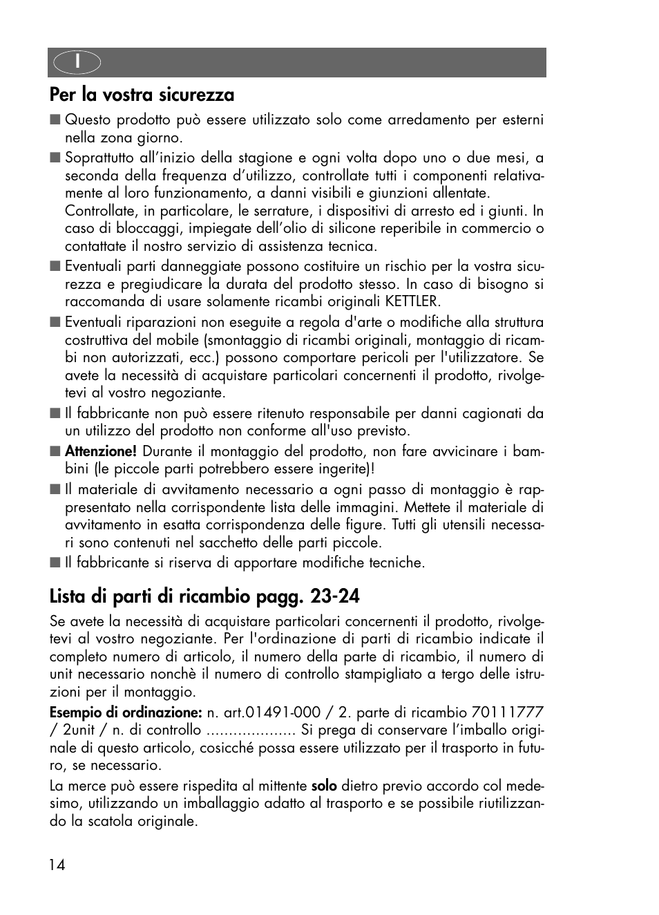 Per la vostra sicurezza, Lista di parti di ricambio pagg. 23-24 | Kettler 01491-000 User Manual | Page 14 / 24