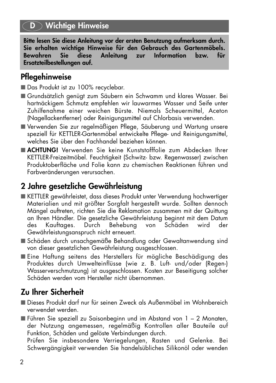 Dwichtige hinweise pflegehinweise, 2 jahre gesetzliche gewährleistung, Zu ihrer sicherheit | Kettler 01491-000 User Manual | Page 2 / 24
