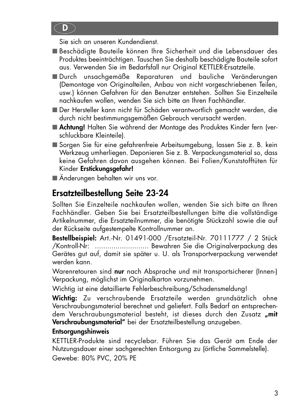 Ersatzteilbestellung seite 23-24 | Kettler 01491-000 User Manual | Page 3 / 24