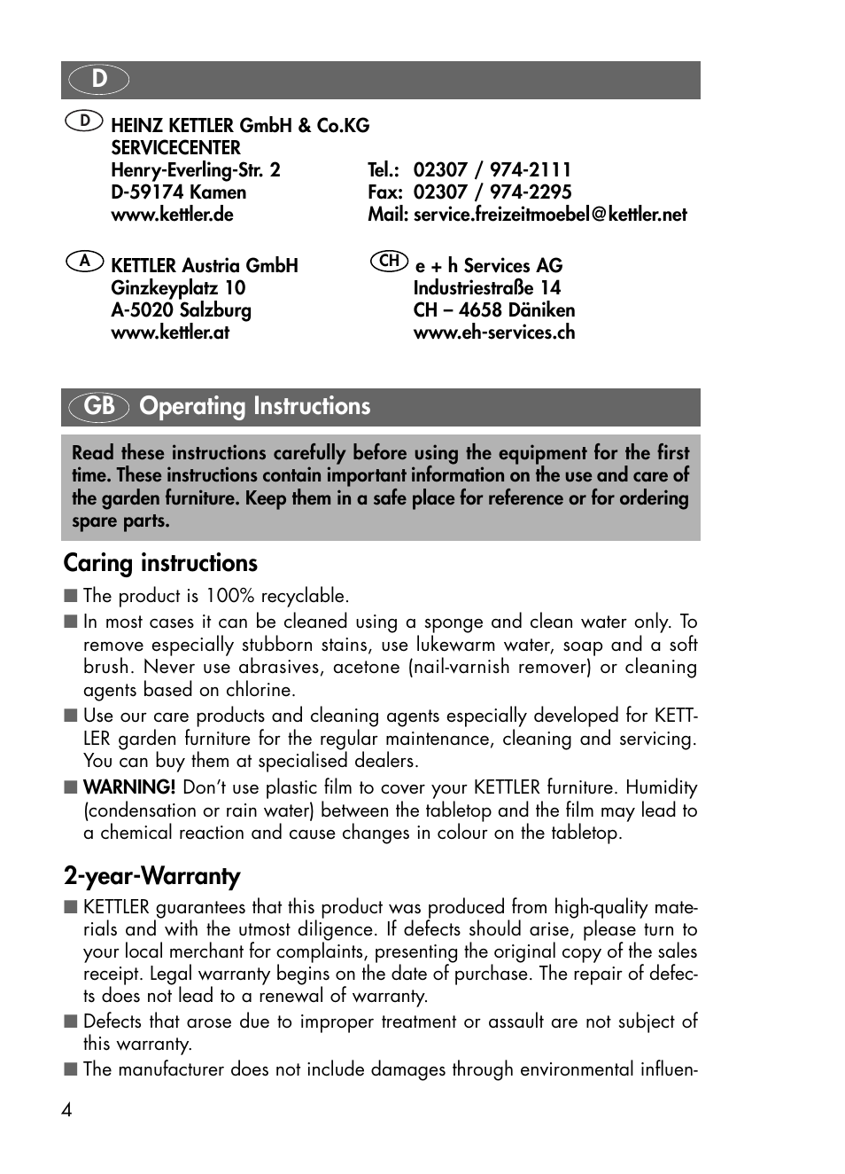 Caring instructions, Year-warranty, Gb operating instructions | Kettler 01491-000 User Manual | Page 4 / 24