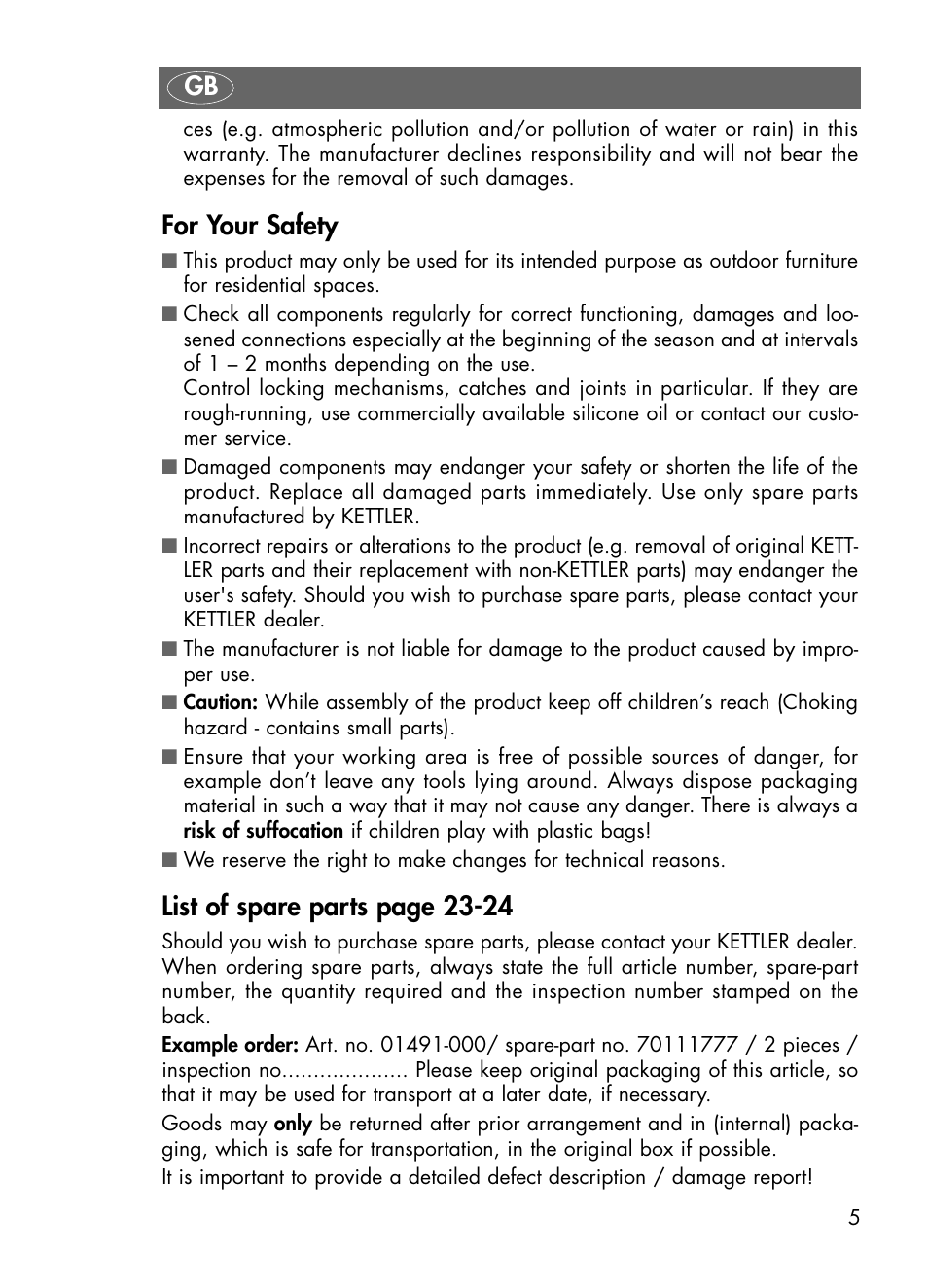 For your safety, List of spare parts page 23-24 | Kettler 01491-000 User Manual | Page 5 / 24