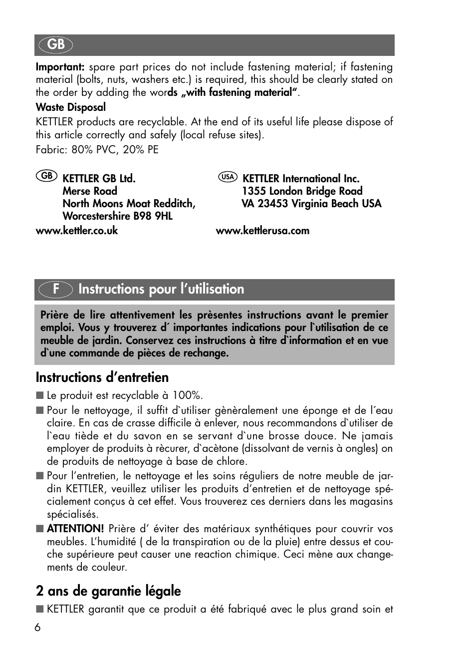 2 ans de garantie légale | Kettler 01491-000 User Manual | Page 6 / 24