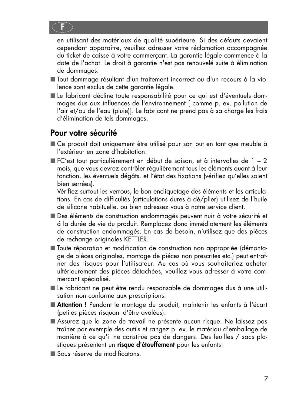 Pour votre sécurité | Kettler 01491-000 User Manual | Page 7 / 24