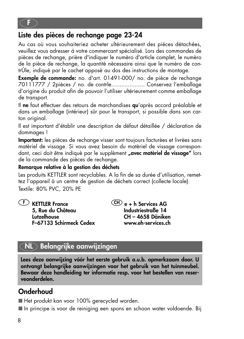 Nl belangrijke aanwijzingen onderhoud, Fliste des pièces de rechange page 23-24 | Kettler 01491-000 User Manual | Page 8 / 24