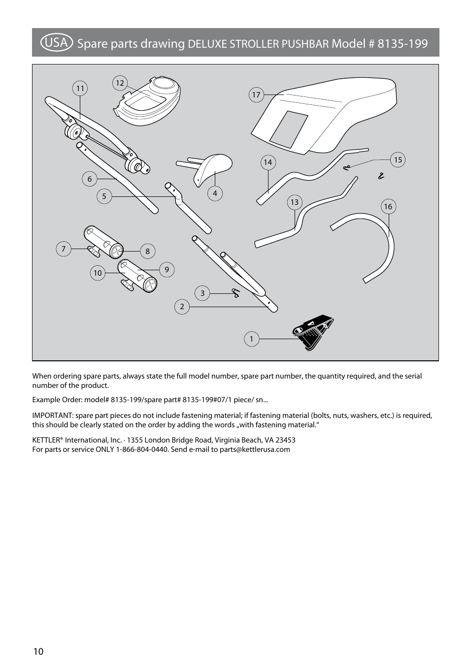 Spare parts drawing, Deluxe stroller pushbar | Kettler PUSHBAR 8135-199 User Manual | Page 10 / 11