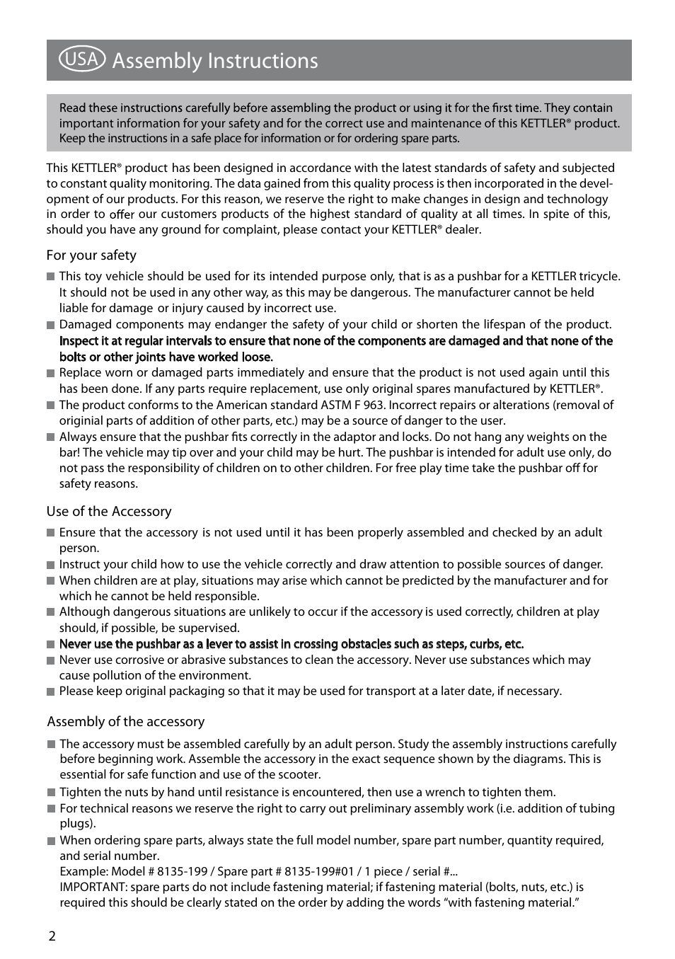 Assembly instructions | Kettler PUSHBAR 8135-199 User Manual | Page 2 / 11