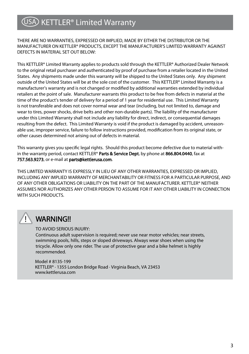 Kettler® limited warranty, Warning | Kettler PUSHBAR 8135-199 User Manual | Page 3 / 11