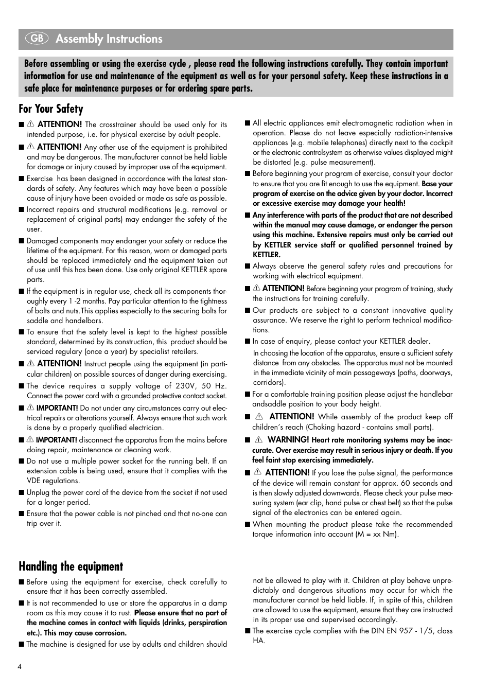 Handling the equipment, Assembly instructions, For your safety | Kettler LOTUS R 07666-000 User Manual | Page 2 / 14