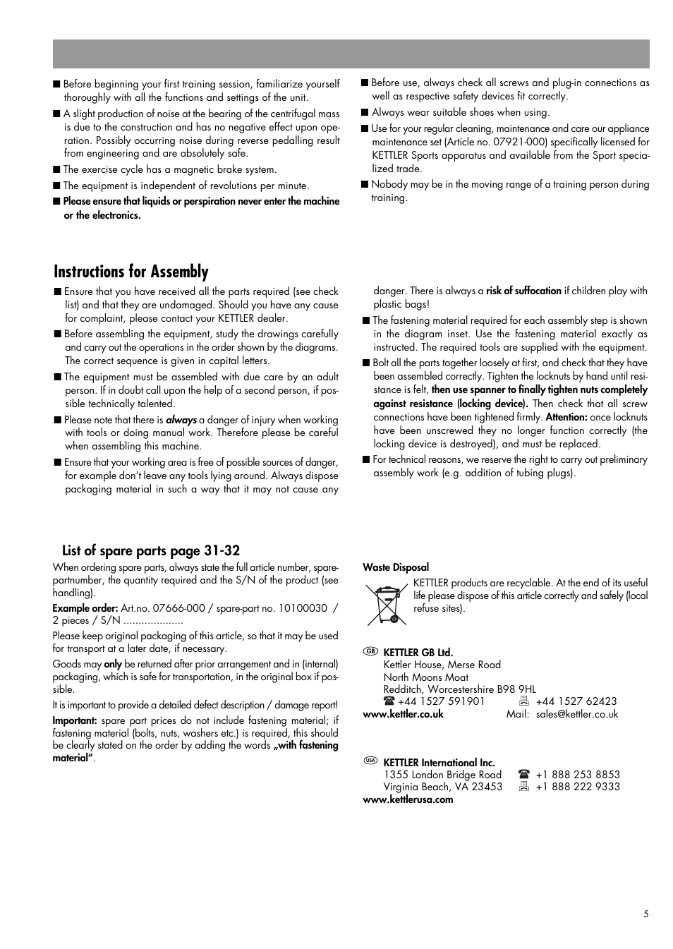 Instructions for assembly, List of spare parts page 31-32 | Kettler LOTUS R 07666-000 User Manual | Page 3 / 14