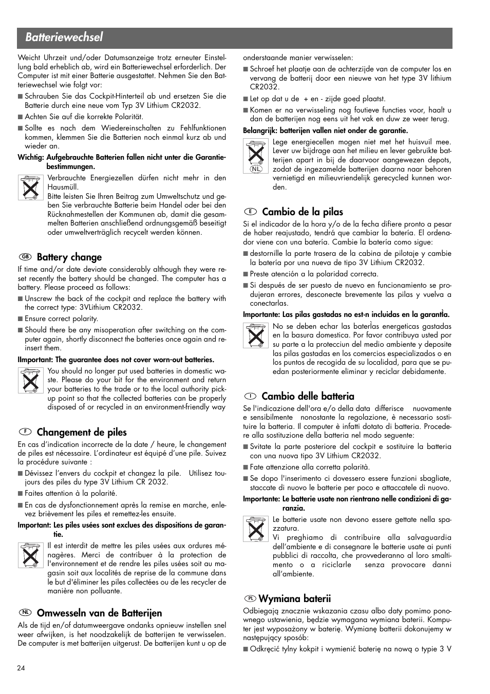 Batteriewechsel, Battery change, Changement de piles | Omwesseln van de batterijen, Cambio de la pilas, Cambio delle batteria, Wymiana baterii | Kettler 07863-000 User Manual | Page 14 / 20