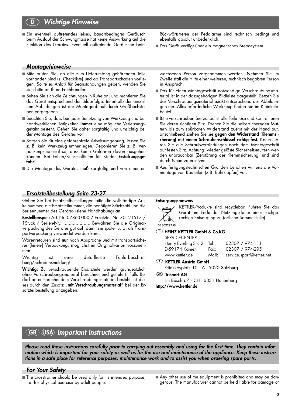 Wichtige hinweise, Important instructions, Montagehinweise | Ersatzteilbestellung seite 23-27, For your safety, Gb usa | Kettler 07863-000 User Manual | Page 2 / 20