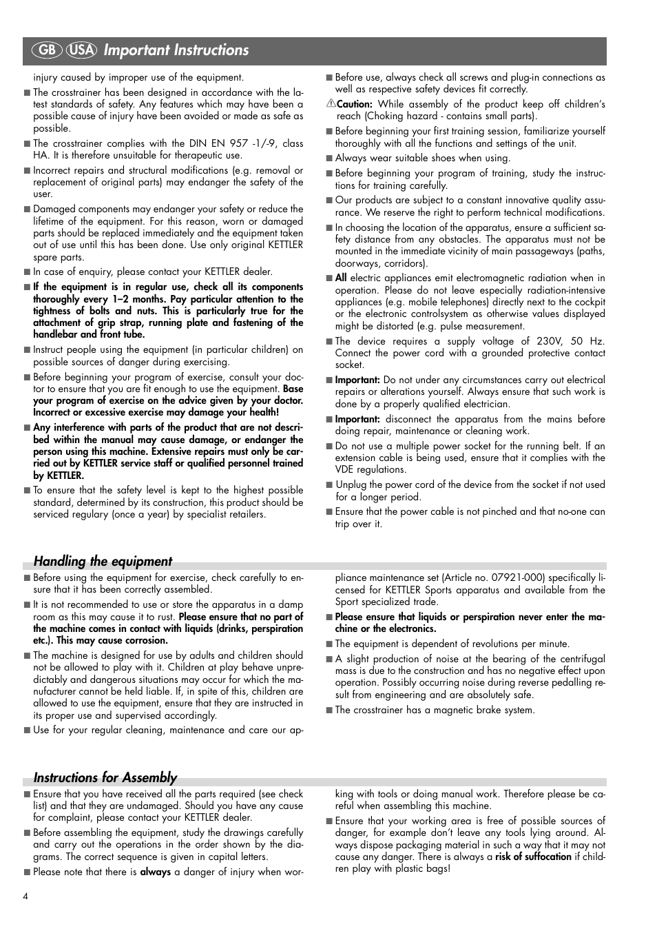 Important instructions, Handling the equipment, Instructions for assembly | Gb usa | Kettler 07863-000 User Manual | Page 3 / 20