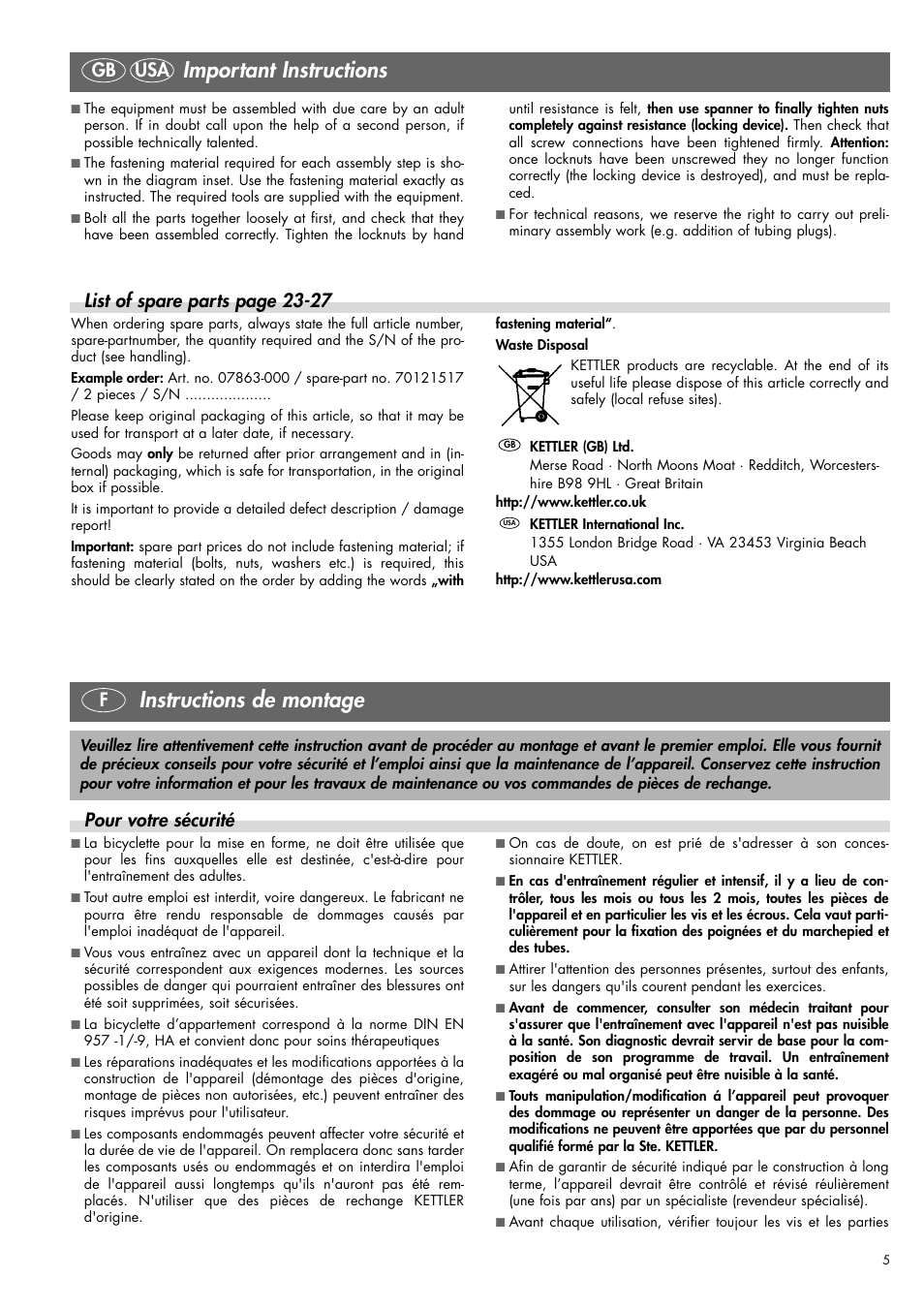 Important instructions, Instructions de montage, Gb usa | List of spare parts page 23-27, Fpour votre sécurité | Kettler 07863-000 User Manual | Page 4 / 20